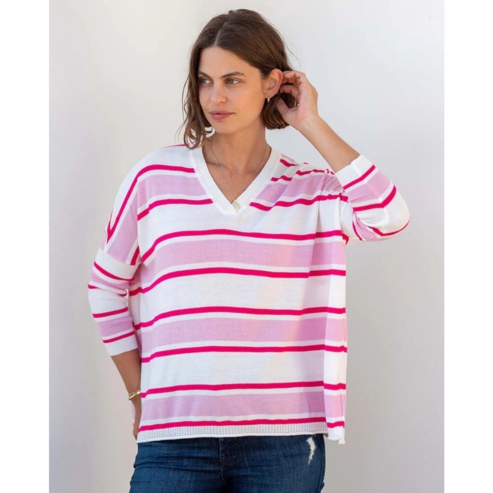 Mersea Catalina V-Neck Sweater Pink Raspberry Striped Oversized Size P S